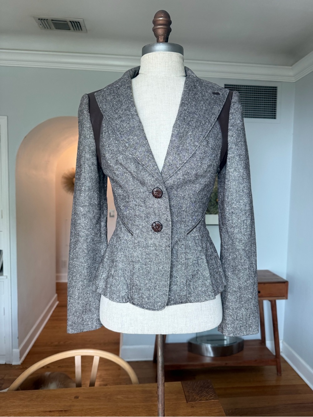 bebe Gray Tweed Peplum Blazer with Dark Contrast Panels
